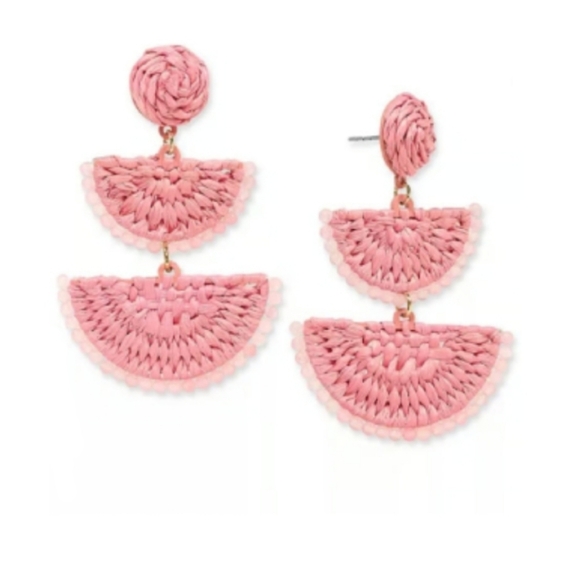 On 34th Pink Woven Raffia Bohemian Style Tiered Stud Earrings - Picture 4 of 5